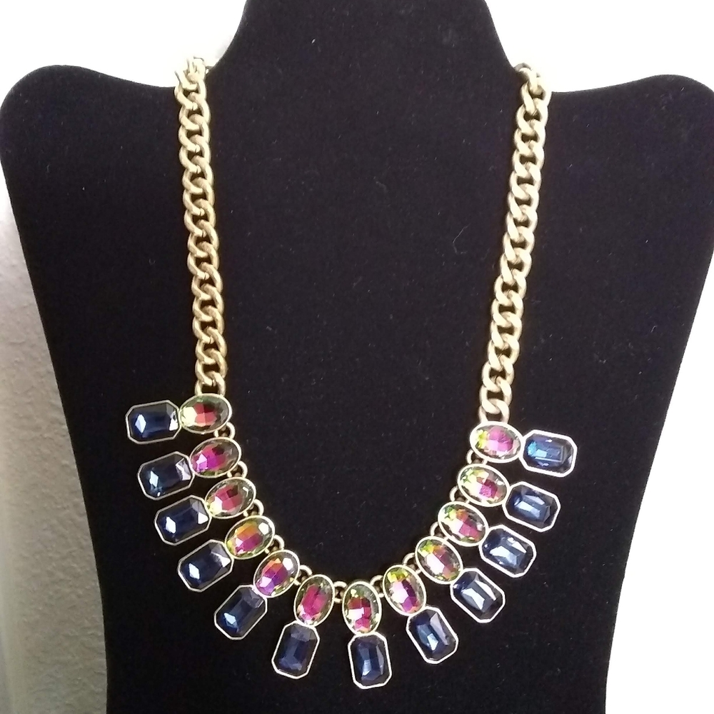 J Crew Watermelon Brûlée Rainbow Crystal Necklace Double Row Gem Jewel